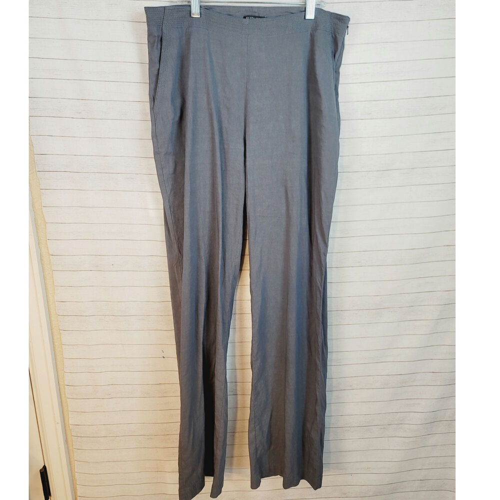EILEEN FISHER LINEN BLEND GRAY STITCH DETAIL TROUSERS, SZ SMALL